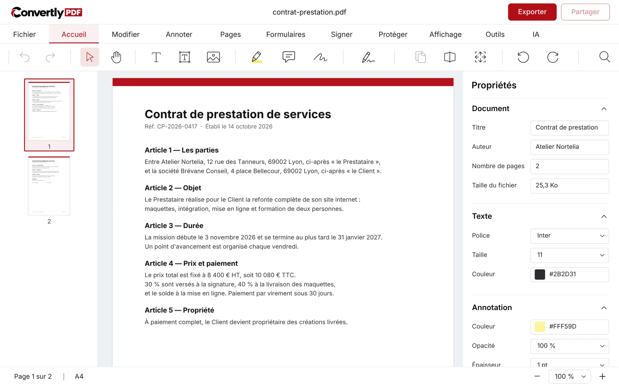 Éditeur Convertly PDF, onglet Modifier