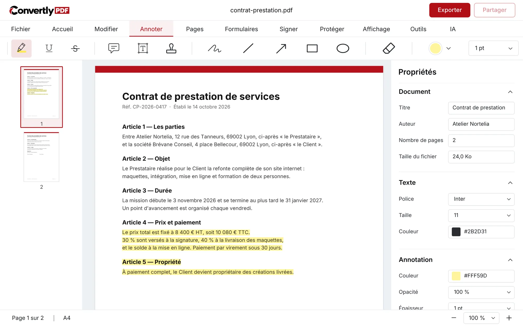 Éditeur Convertly PDF, onglet Annoter