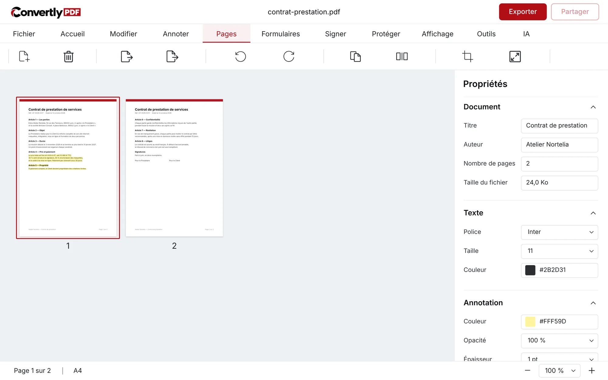 Éditeur Convertly PDF, onglet Pages