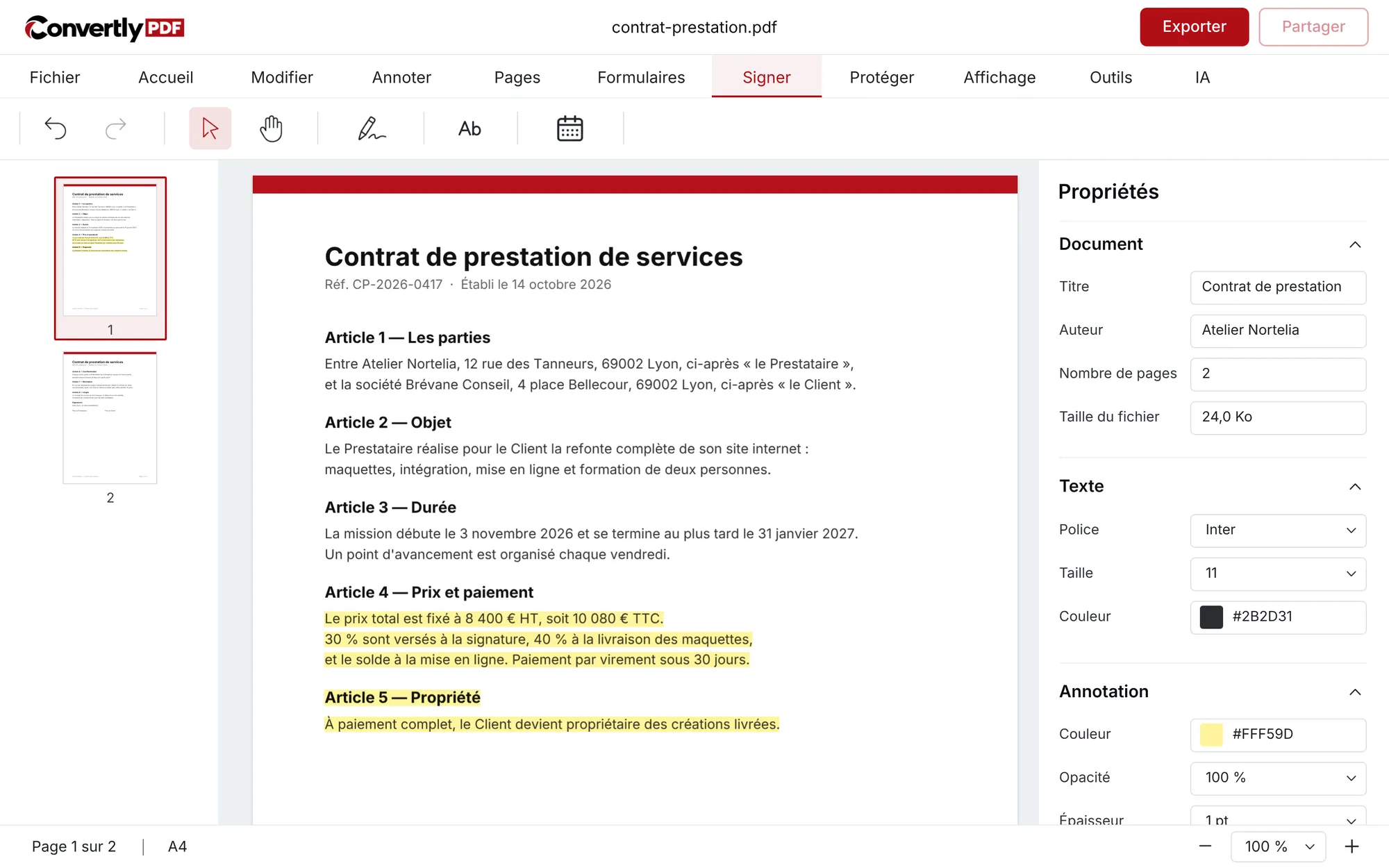 Éditeur Convertly PDF, onglet Signer