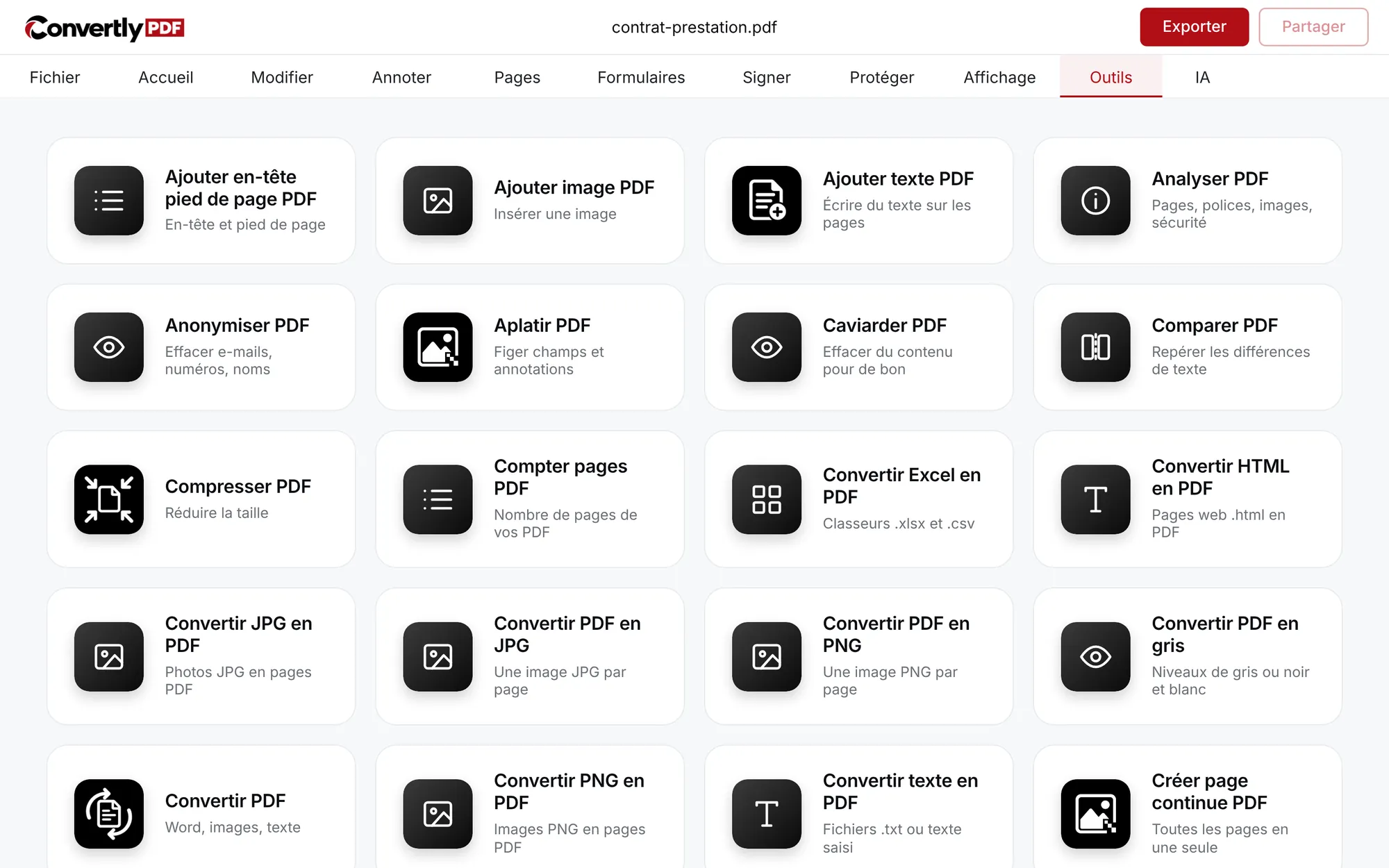 Éditeur Convertly PDF, onglet Outils