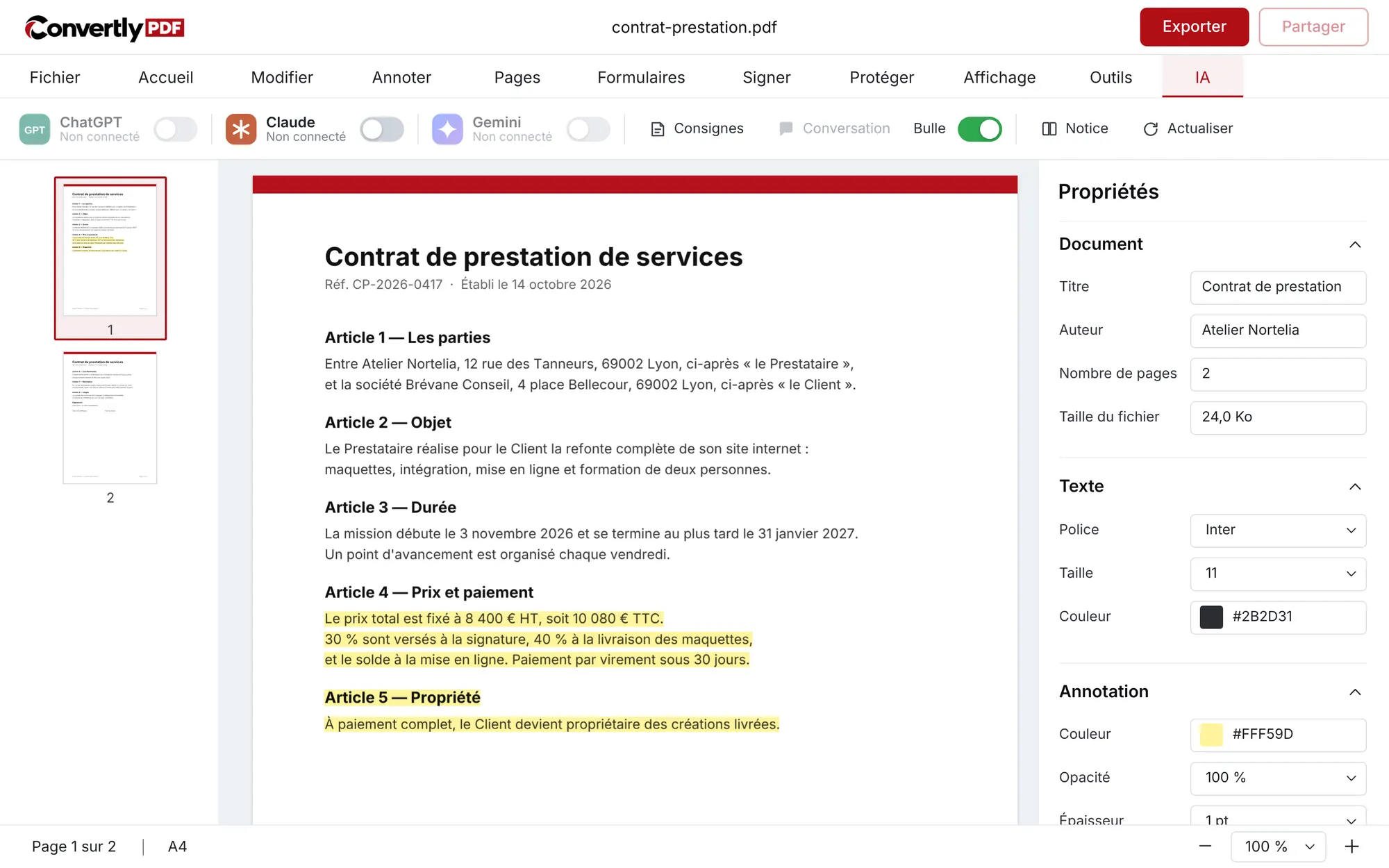 Éditeur Convertly PDF, onglet IA